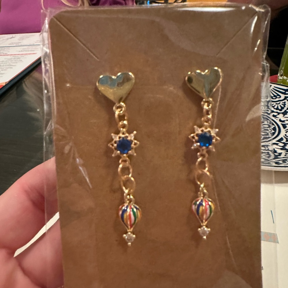 18k Plated Hot Air Balloon, Gold Heart and Blue Stone Dangle Earrings